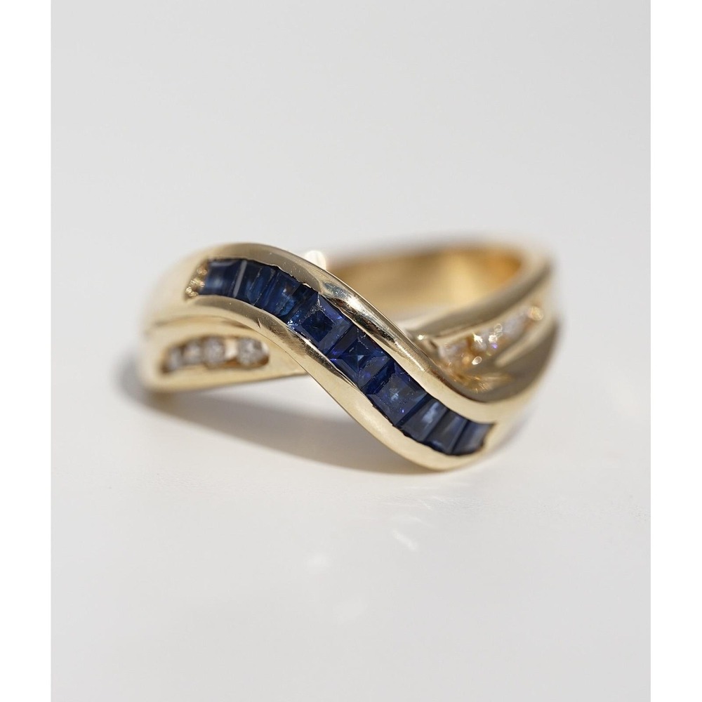 VIntage 14k Solid Yellow Gold Blue Sapphire & High Quality Diamond Ring Baguette - Picture 4 of 8
